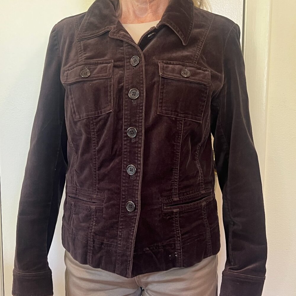 Brown suede like cotton jacket with 4 pockets.  Size Petite from Macy's